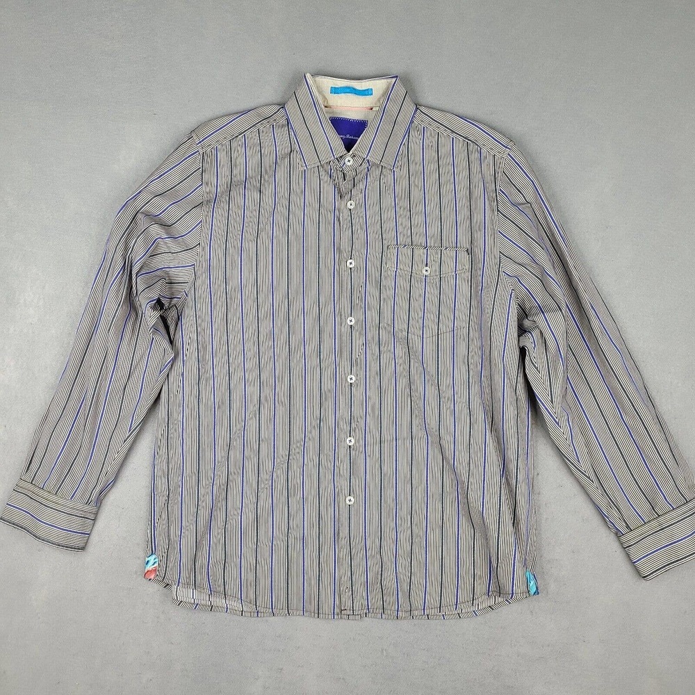Tommy Bahama Shirt Men's‎ Large White Black Blue Striped Long Sleeve Button Down